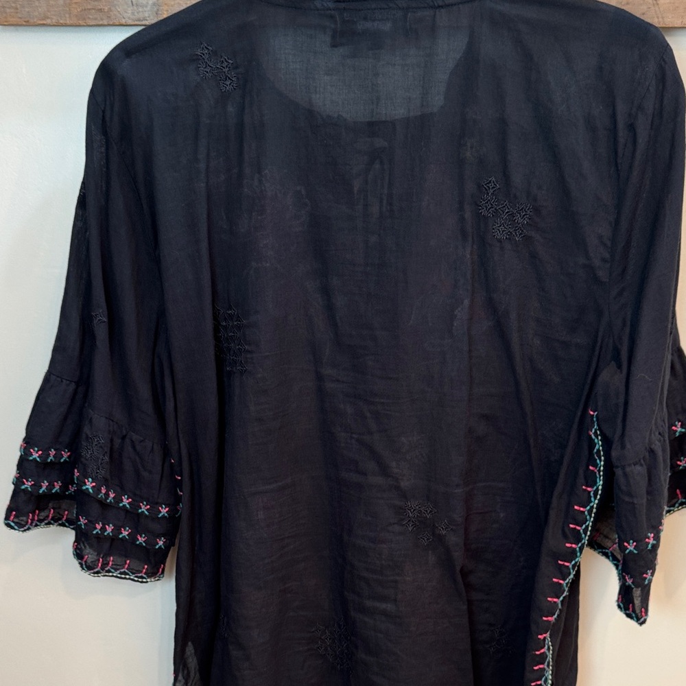Johnny Was Tie Front Black Top with Colorful Embroidery and Beaded Tassles SZ - Picture 8 of 8